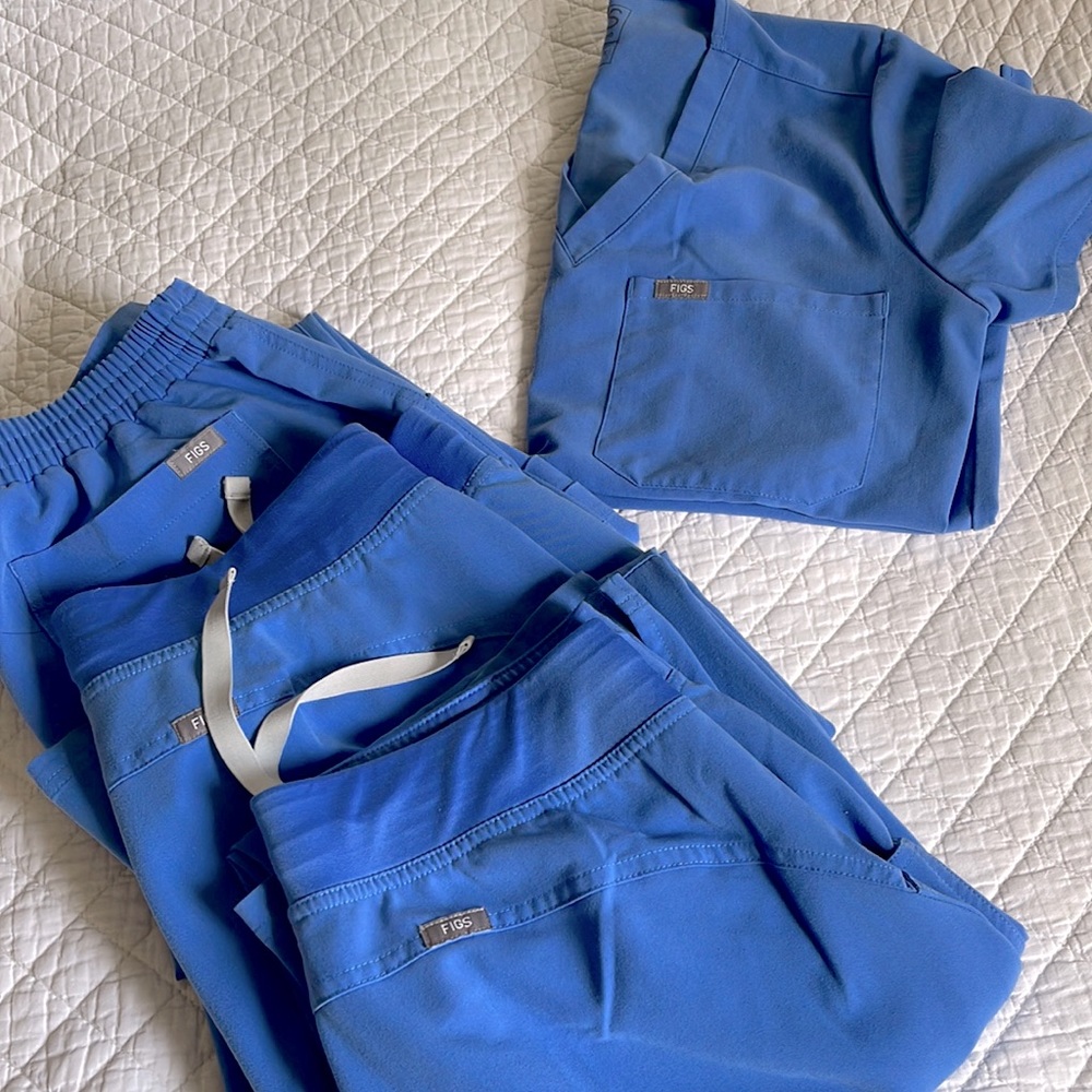 Figs scrub top and 3 pairs of Figs scrub pants